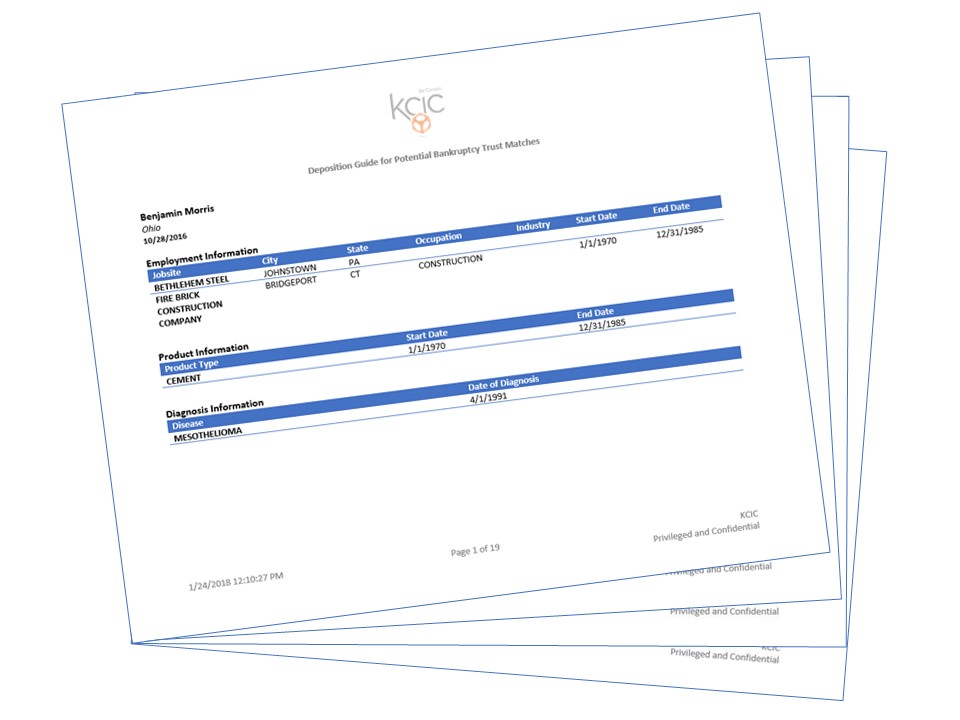 The Bankruptcy Trusts Matching Report quickly identifies potential sources of alternative exposure for a claimant — all in one customizable and printable report!